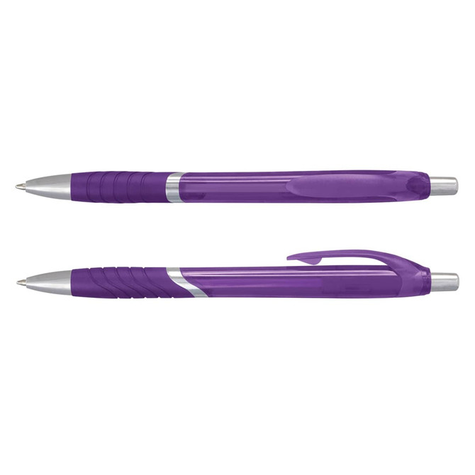 Two plastic pens in a translucent purple colour, featuring silver accents and grip lines on the barrel.