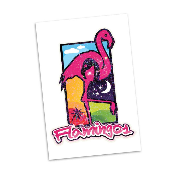 A glitter temporary tattoo featuring vibrant pink flamingos against a multi-coloured background with stars and clouds.