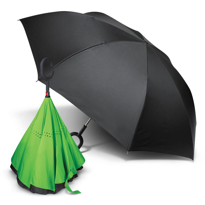 An inverted umbrella with a green inner layer and black outer layer, featuring a curved handle and a logo.