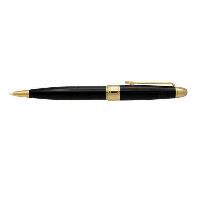 A black metal pen with gold accents and a clip, featuring a sleek design and smooth finish.