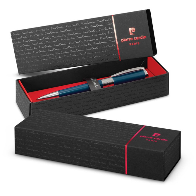 A blue metal pen in an elegant black and red presentation box featuring a branding logo.