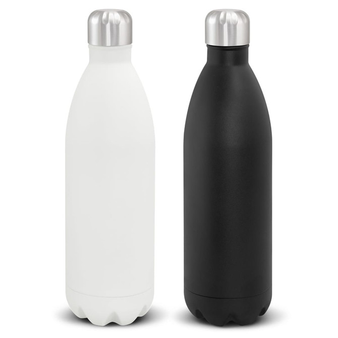 A drink bottle featuring a sleek design, available in white and black, with a stainless steel cap and base.