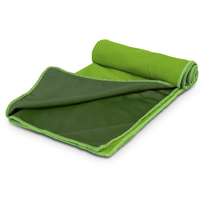 A green cooling towel rolled partially open, featuring a mesh texture and a contrasting darker green underside.