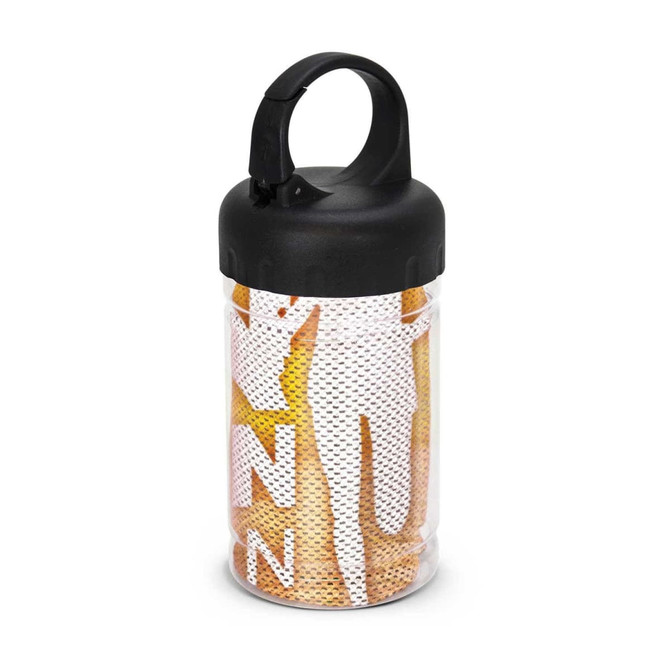 A cooling towel in a clear tube with a black lid, featuring a vibrant design in orange and yellow tones.