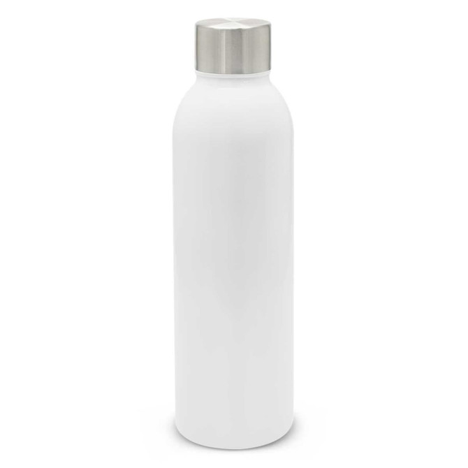 A drink bottle in white with a stainless steel cap and a simple design, featuring a logo.