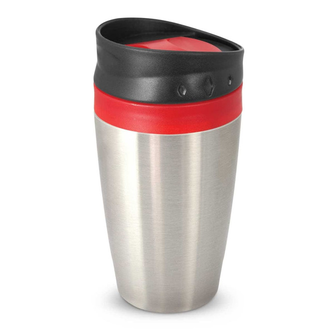 A stainless steel coffee cup with a black and red lid, featuring a simple design and a logo on the side.