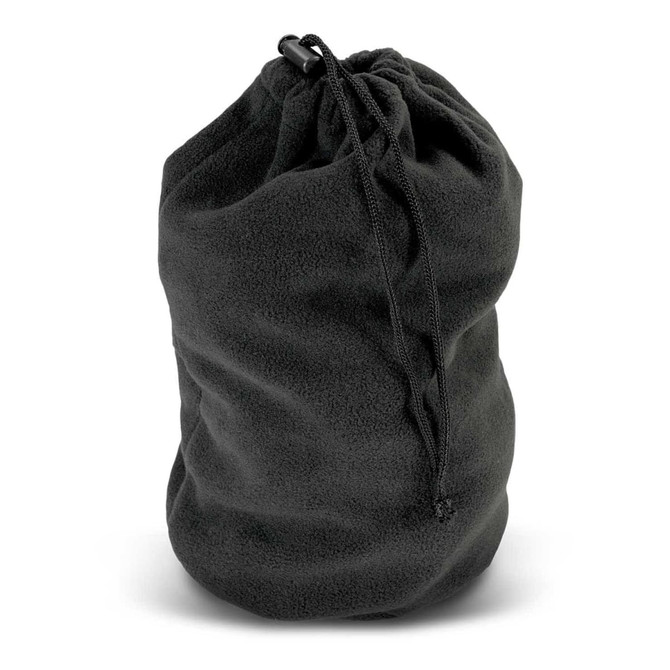 A black polar fleece drawstring bag with a cinched top and toggle closure. Includes a logo.