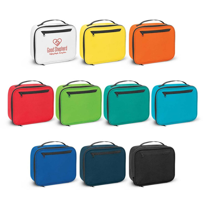A selection of Zest Lunch Cooler Bags in yellow, orange, red, green, teal, blue, navy, and black, featuring a logo.