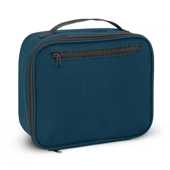 A teal lunch cooler bag with a zip closure and a front pocket, featuring a sturdy handle on top.