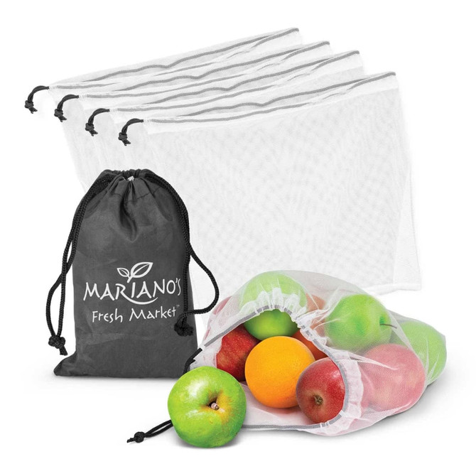 A set of five white mesh produce bags in a black storage pouch, filled with green and red apples and an orange.