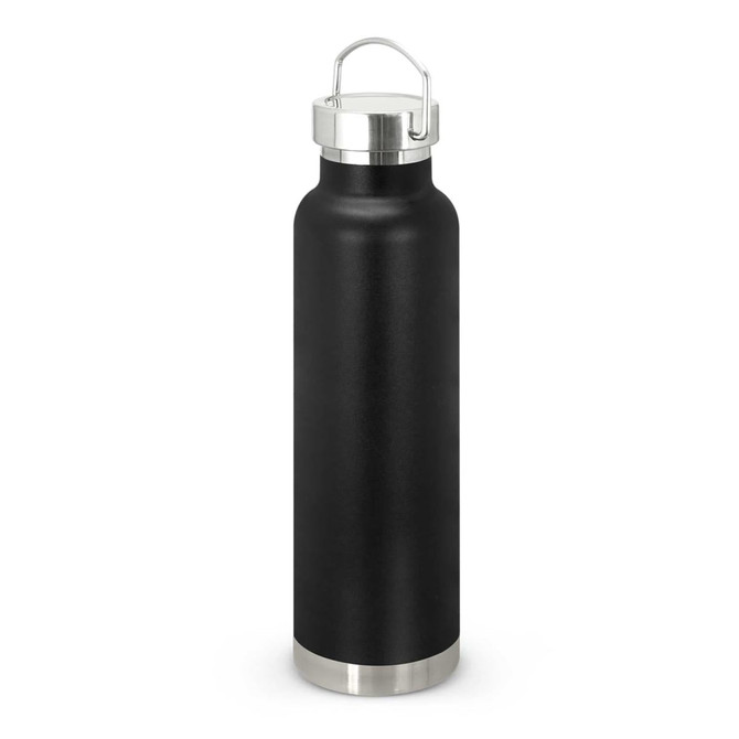 A drink bottle featuring a sleek black design with a stainless steel bottom and a secure lid with a handle.