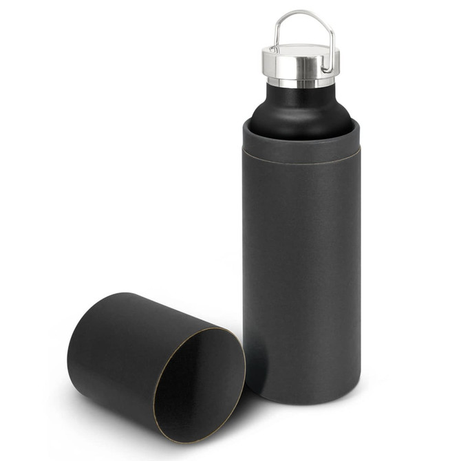 A drink bottle featuring a sleek black design with a stainless steel cap, accompanied by a matching protective sleeve.
