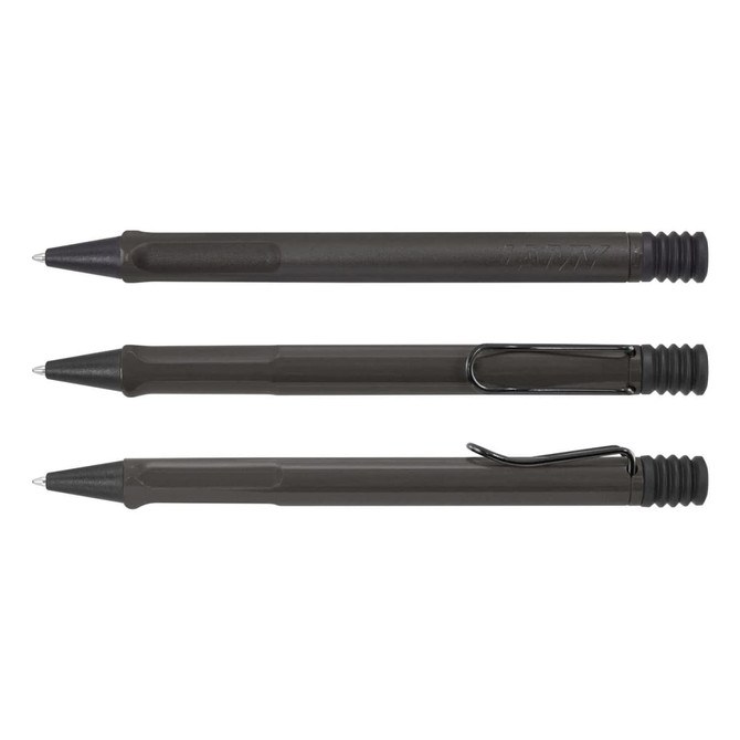 Three Lamy Safari Pens in a dark green color, featuring a plastic body, ergonomic grip, and metal clip.