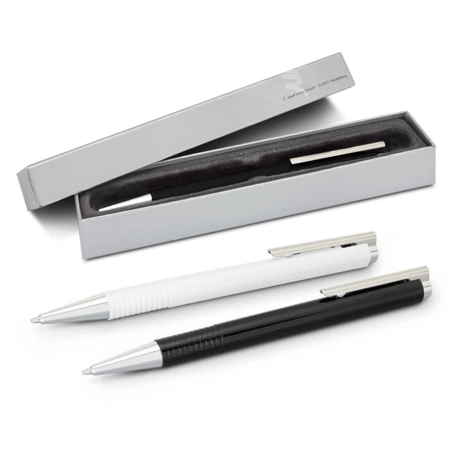 A sleek black and white Lamy Logo pen set presented in a grey box with a soft interior.
