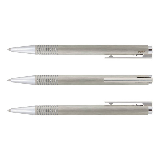 A metal pen in brushed steel with a sleek design, featuring a clip and ridged grip. Includes branding on the barrel.