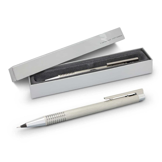 A brushed steel pencil in a sleek grey box, featuring a silver clip and textured grip.