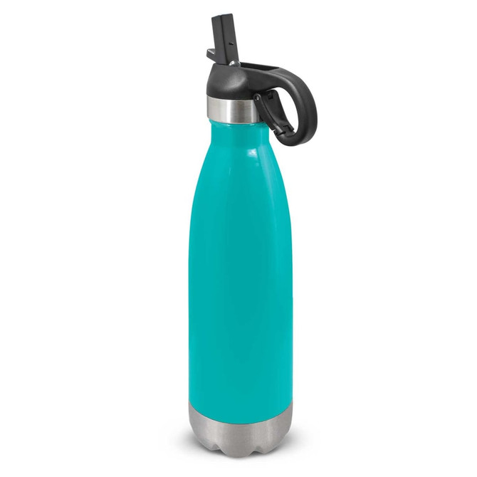 A drink bottle with a flip lid, featuring a vibrant turquoise body and a metallic silver base.