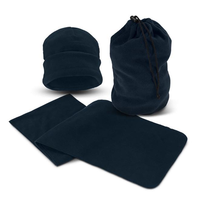 A navy blue scarf and beanie set, accompanied by a matching drawstring storage bag. The materials appear soft and warm.