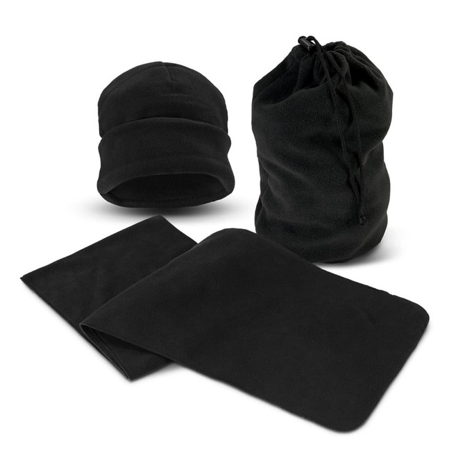 A black beanie and a black scarf set, packaged in a matching drawstring bag, made from soft fleece material.