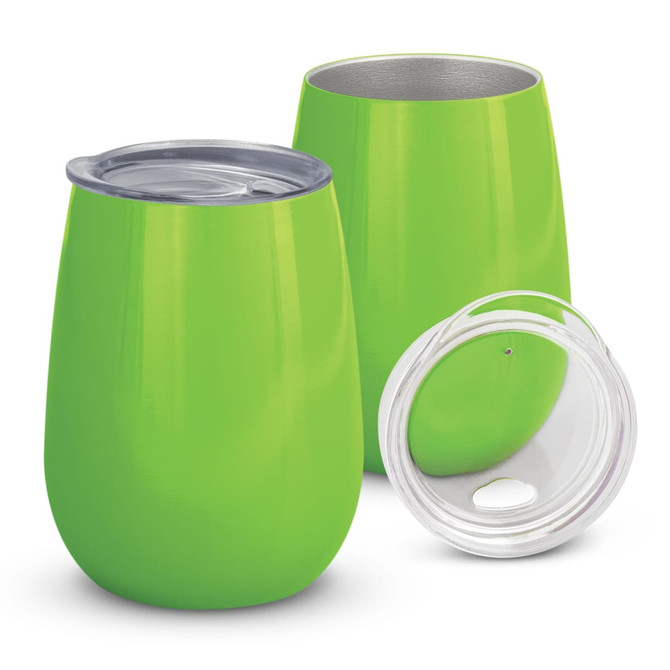 A drink bottle set in vibrant green, featuring two vacuum cups and a clear lid. The cups have a sleek, rounded shape.