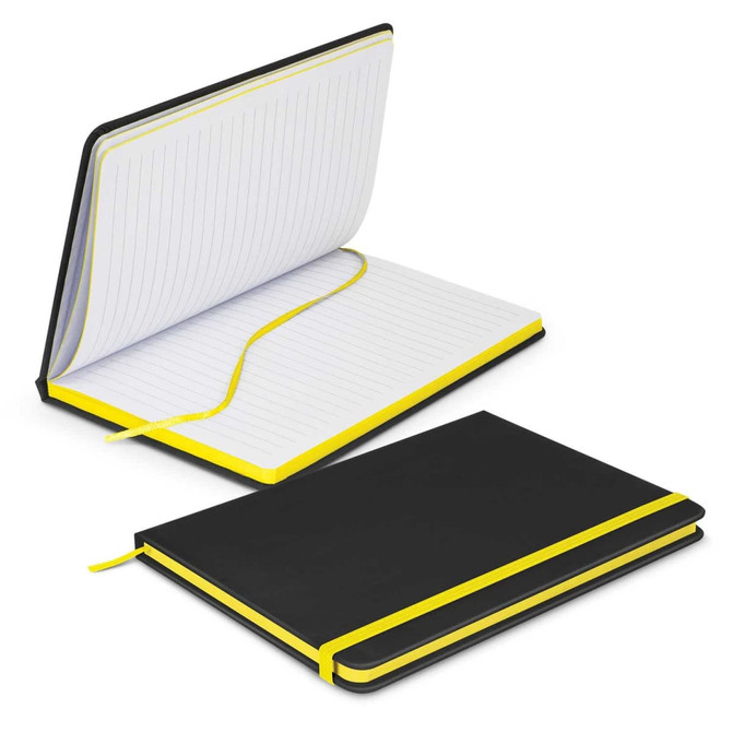 A black notebook with lined pages and a yellow elastic band, featuring a logo on the cover.