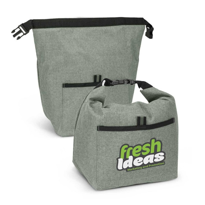 A green lunch cooler with a strong handle and a pocket, featuring a logo on one side.