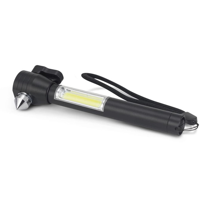 A black vehicle safety tool with a flashlight, a pointed end, and a strap. It has a transparent section in the middle.