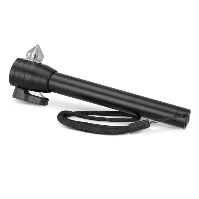 A Vehicle Safety Tool featuring a black cylindrical design with a pointed tip and a lanyard for easy carrying.