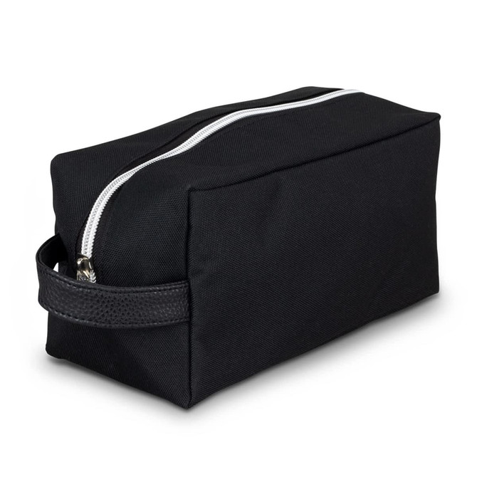 A black toiletry bag featuring a sturdy zipper and a side handle for easy carrying.