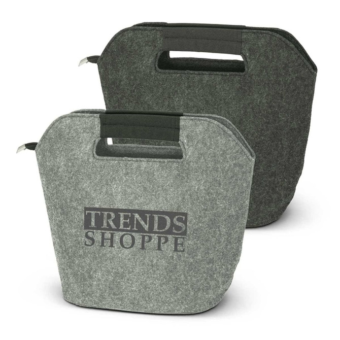Two felt cooler bags in grey and dark green, featuring handles and a logo on the front.