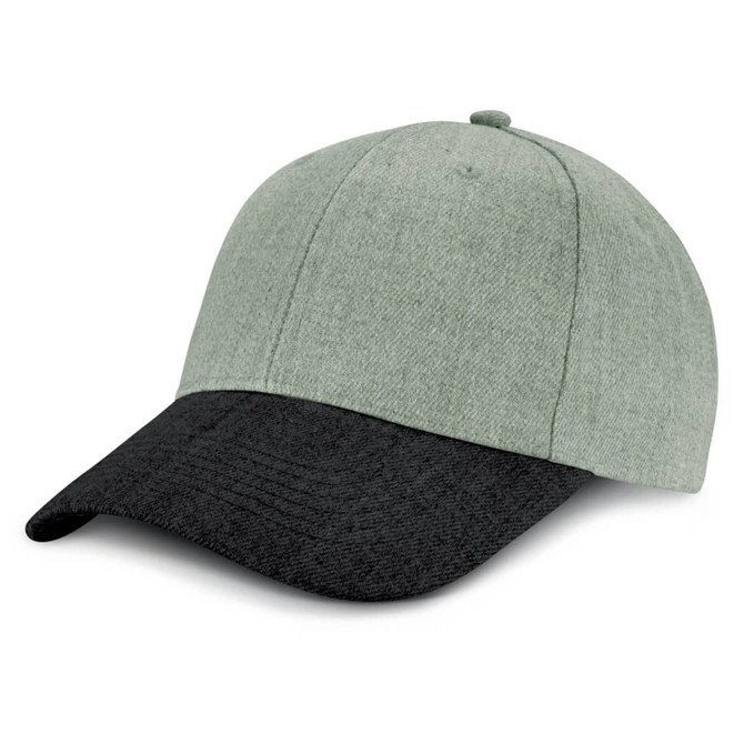 A cap featuring a light gray crown and a black visor, designed for casual wear.