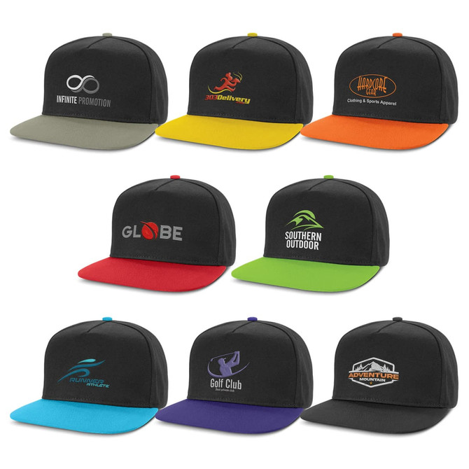 A variety of flat peak caps in black with contrasting coloured brims, featuring different logos.