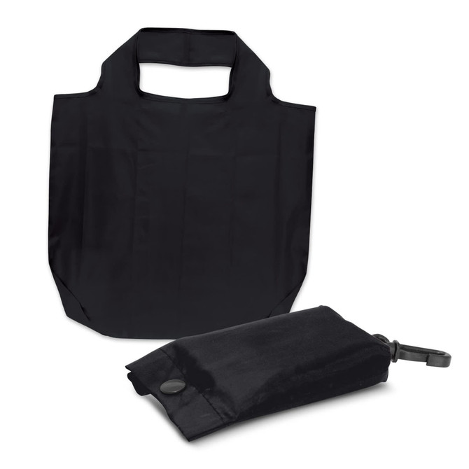A black foldable reusable grocery bag beside its compact storage pouch, featuring a simple design and a logo.