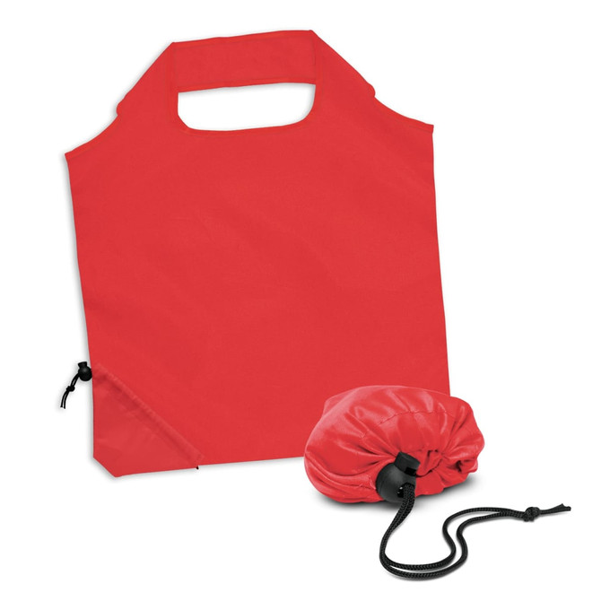 A red foldaway grocery bag with a handle, compactly stored in a matching pouch. Features a logo.