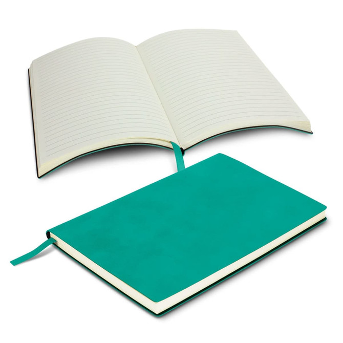 A Genoa Soft Cover Notebook featuring a teal cover, an open layout with lined pages, and a matching ribbon bookmark.