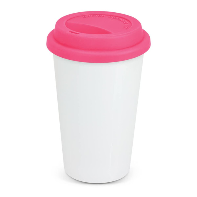 A coffee cup featuring a white double wall design with a vibrant pink silicone lid.