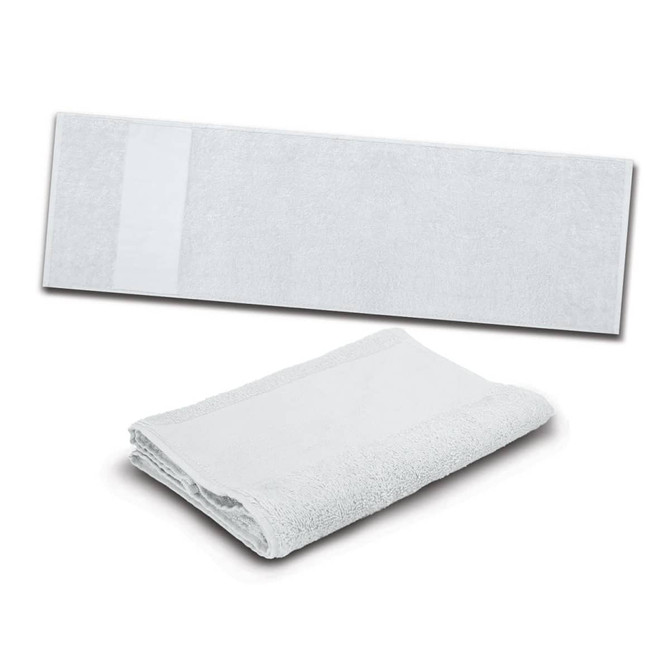 A white sports towel, featuring a textured surface, displayed both laid flat and folded for convenience.