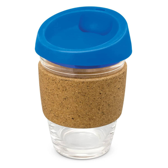 A drink bottle featuring a clear glass body, a cork band for grip, and a blue silicone lid.