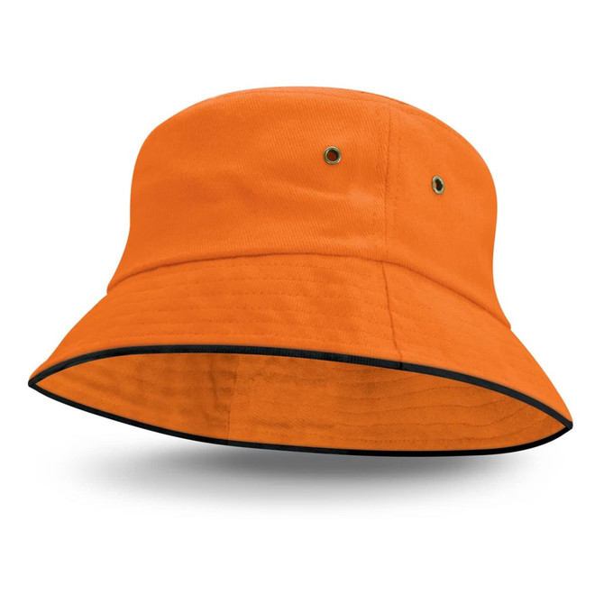 An orange bucket hat with a black sandwich trim, featuring ventilation eyelets and a wide brim.