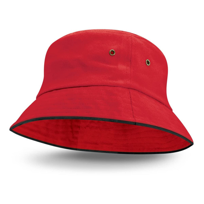 A red bucket hat with a black trim and eyelets, featuring a curved brim and a simple design.
