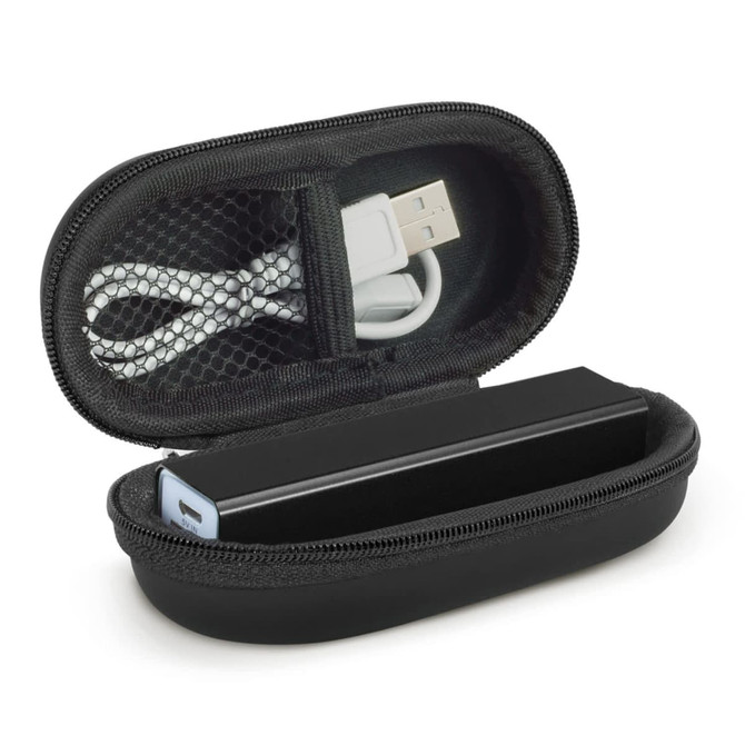 A black power bank with a light blue end, enclosed in a zippered case, accompanied by a charging cable.