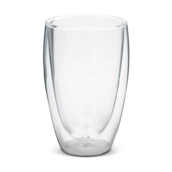 A double wall glass in clear glass, featuring a sleek, modern design, ideal for beverages.