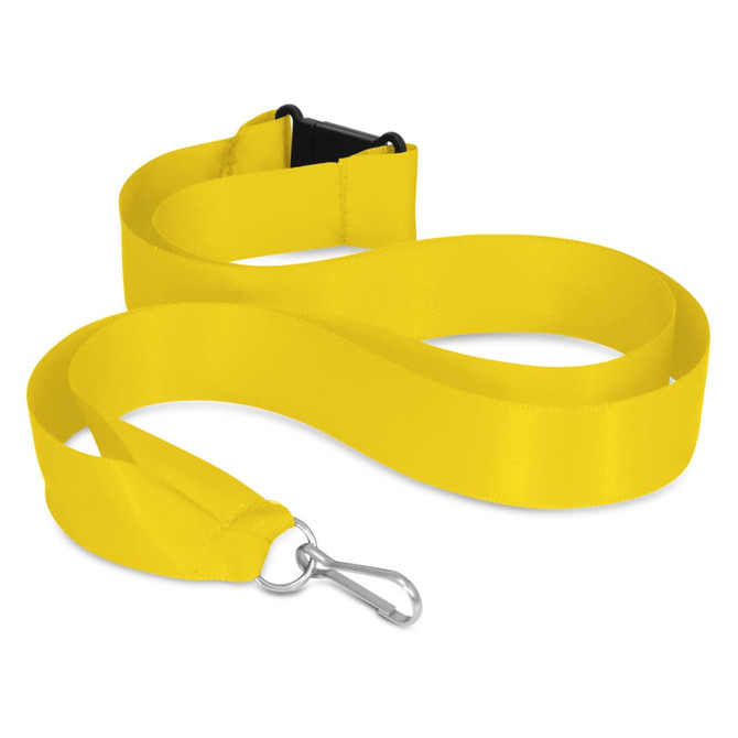 A yellow ribbon lanyard with a metal clip and adjustable buckle. Features a smooth, satin-like finish.