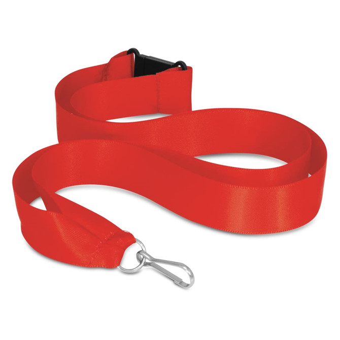 A red ribbon lanyard with a detachable clip for holding ID cards or keys.