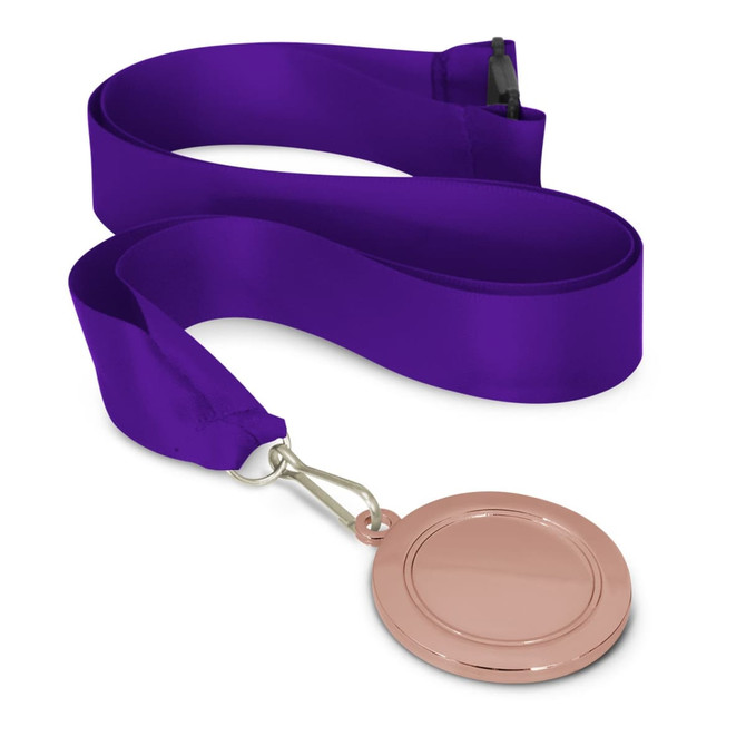 A 50mm podium medal featuring a blank, polished rose gold center, attached to a vibrant purple satin ribbon.