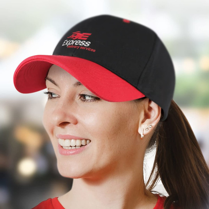 A cap featuring a black and red design with the logo of Express Delivery Services prominently displayed on the front.