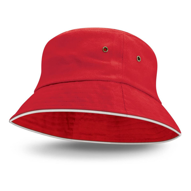 A red bucket hat with a white sandwich trim and eyelets, featuring a logo.