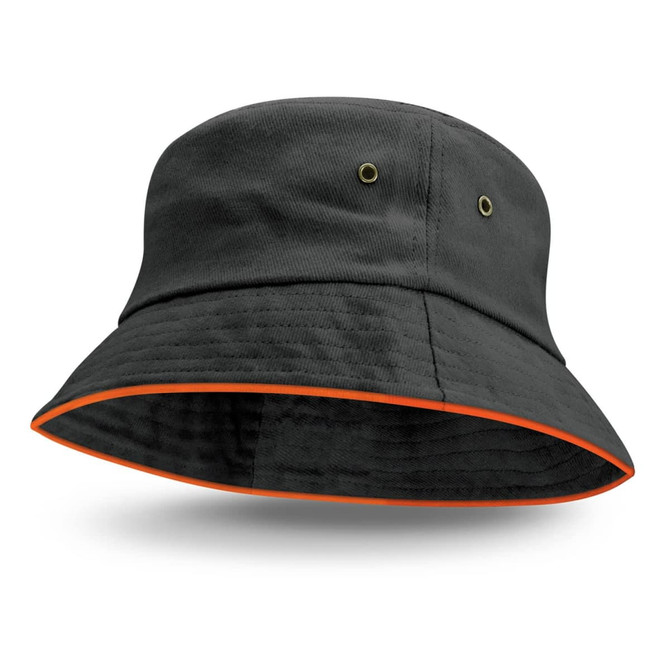 A black bucket hat with an orange sandwich trim and eyelet accents, featuring a branding logo.