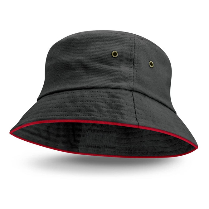 A black bucket hat featuring a coloured red sandwich trim and two ventilation eyelets.