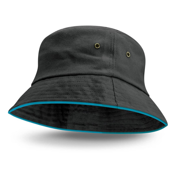 A black bucket hat featuring a coloured sandwich trim and eyelets for ventilation. It includes a logo.